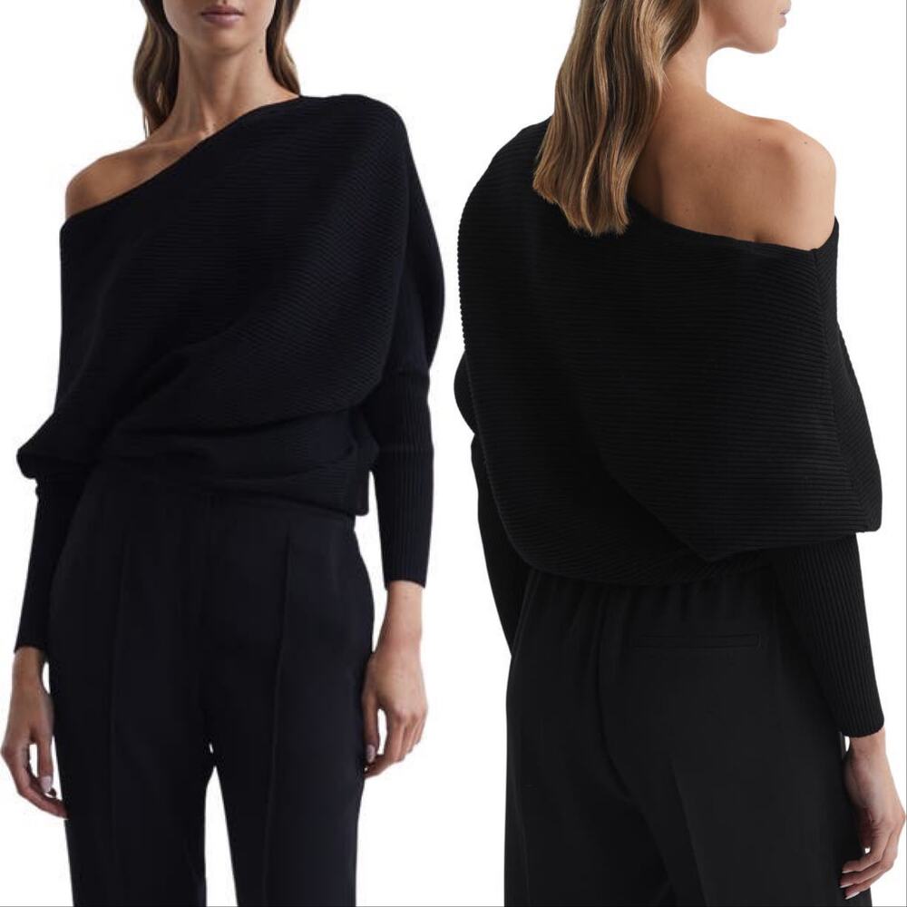 Reiss Lorna Asymmetric Draped Knitted One Shoulder Sweater Black Small